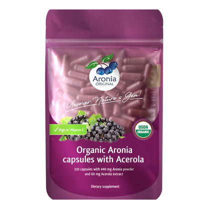 Organic Aronia Berry Capsules (60 Servings) – 10:1 Aronia Extract + 120 mg Acerola Cherry per Serving | Vitamin C & Antioxidants | Black Chokeberry Supplement