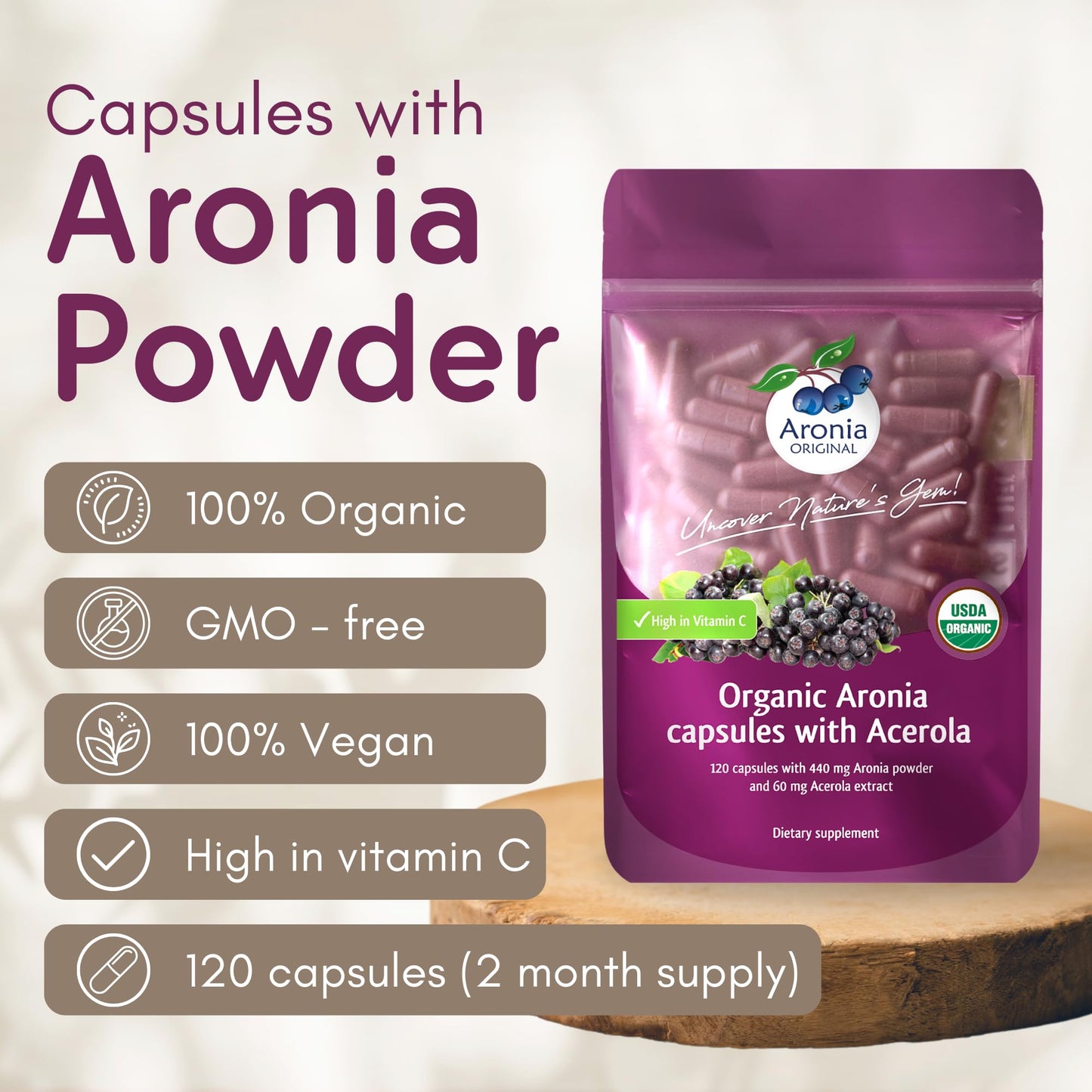 Organic Aronia Berry Capsules (60 Servings) – 10:1 Aronia Extract + 120 mg Acerola Cherry per Serving | Vitamin C & Antioxidants | Black Chokeberry Supplement
