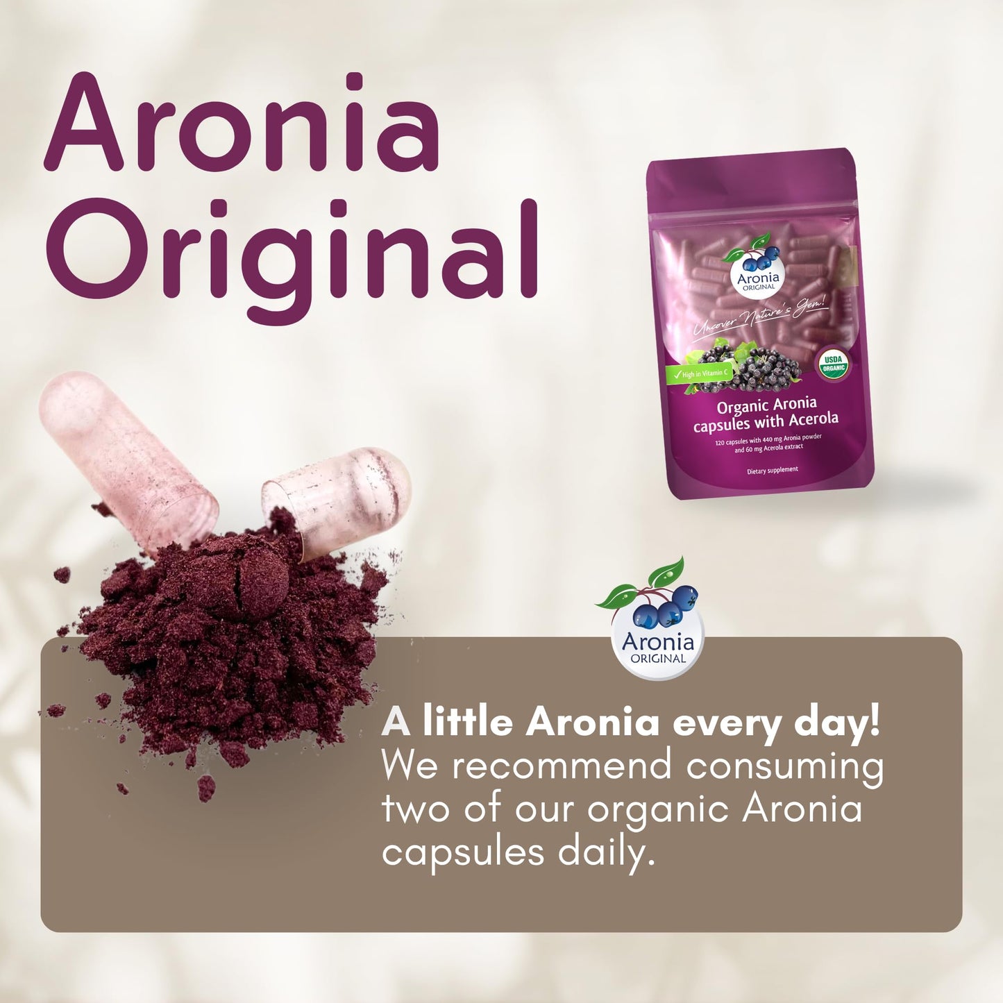 Organic Aronia Berry Capsules (60 Servings) – 10:1 Aronia Extract + 120 mg Acerola Cherry per Serving | Vitamin C & Antioxidants | Black Chokeberry Supplement