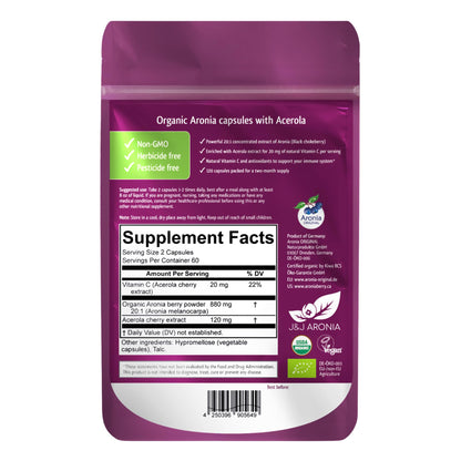 Organic Aronia Berry Capsules (60 Servings) – 10:1 Aronia Extract + 120 mg Acerola Cherry per Serving | Vitamin C & Antioxidants | Black Chokeberry Supplement