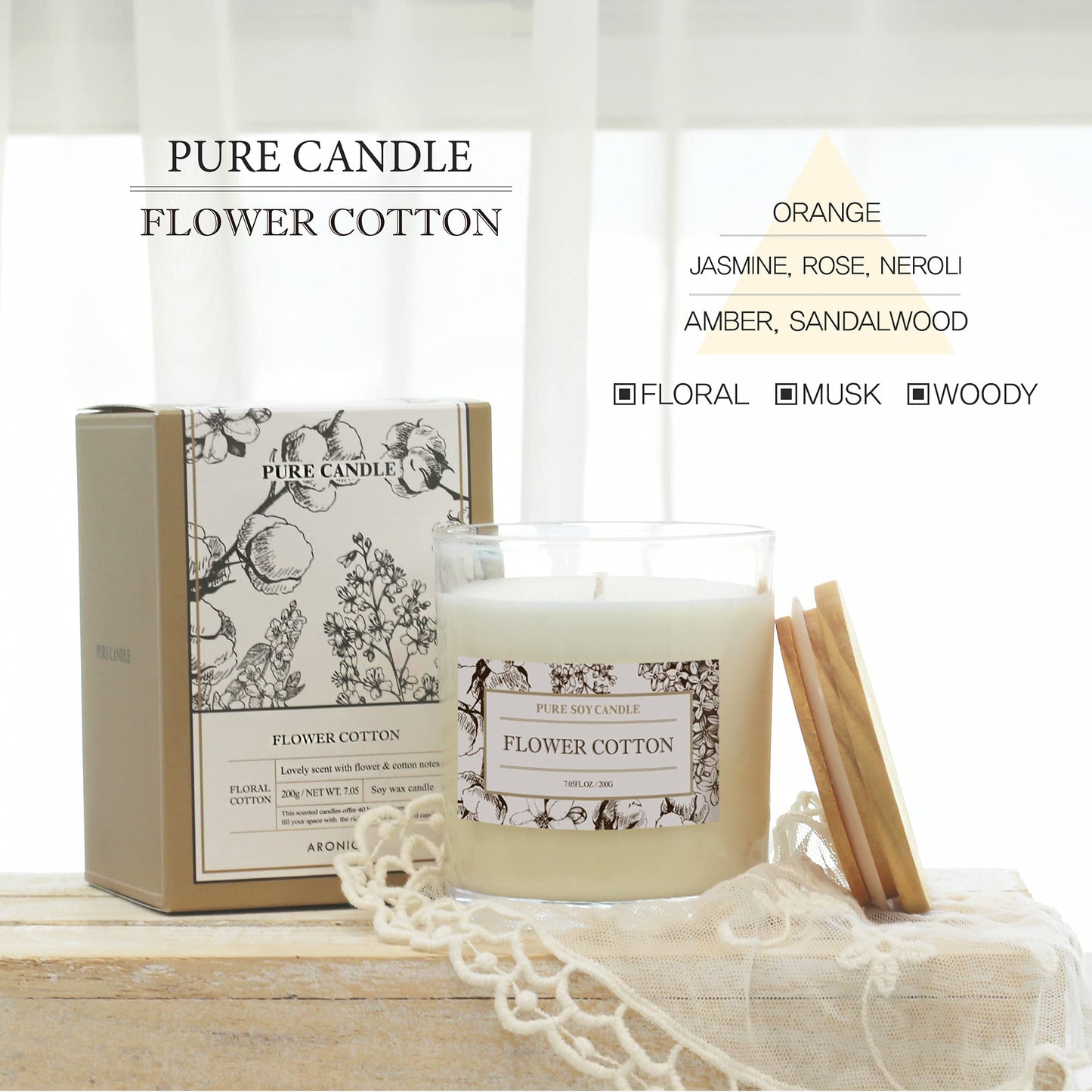 Aronica Cotton Candle - Home Scented Soy Wax, Baby Powder & Lily of the Valley