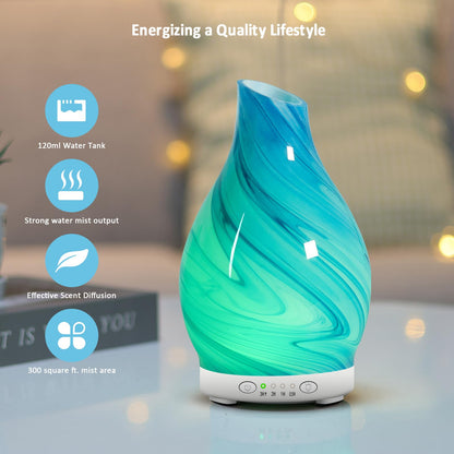 Art Glass Essential Oil Diffuser 120ml – 7 Color LED Lights, 4 Timer Settings, Quiet Cool Mist Humidifier | Gift for Women & Mom