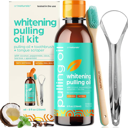 artnaturals Coconut Oil Pulling Set (8oz) – Bamboo Toothbrush & Tongue Scraper, Alcohol-Free Mouthwash