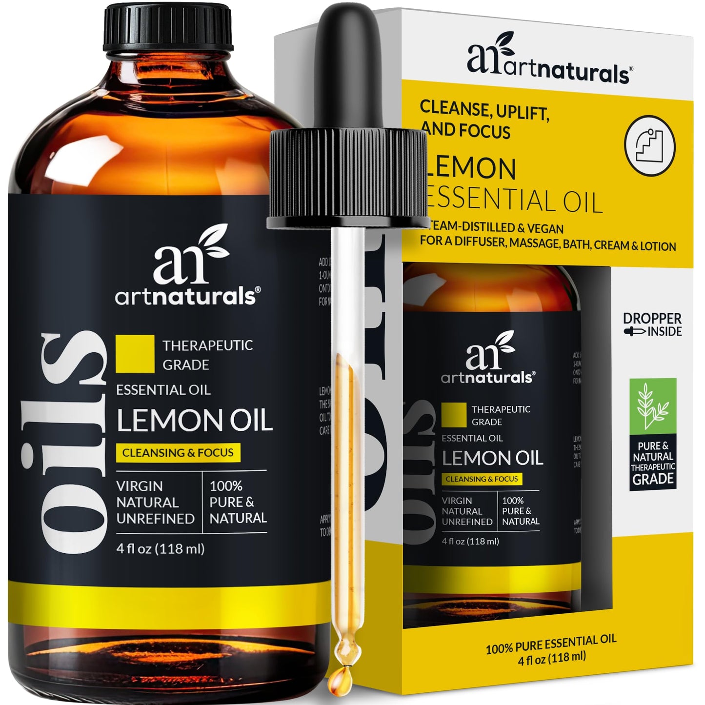 ArtNaturals Lemon Essential Oil 4 oz (118 ml) – 100% Pure, Therapeutic Grade – For Skin, Hair, Aromatherapy & Diffuser