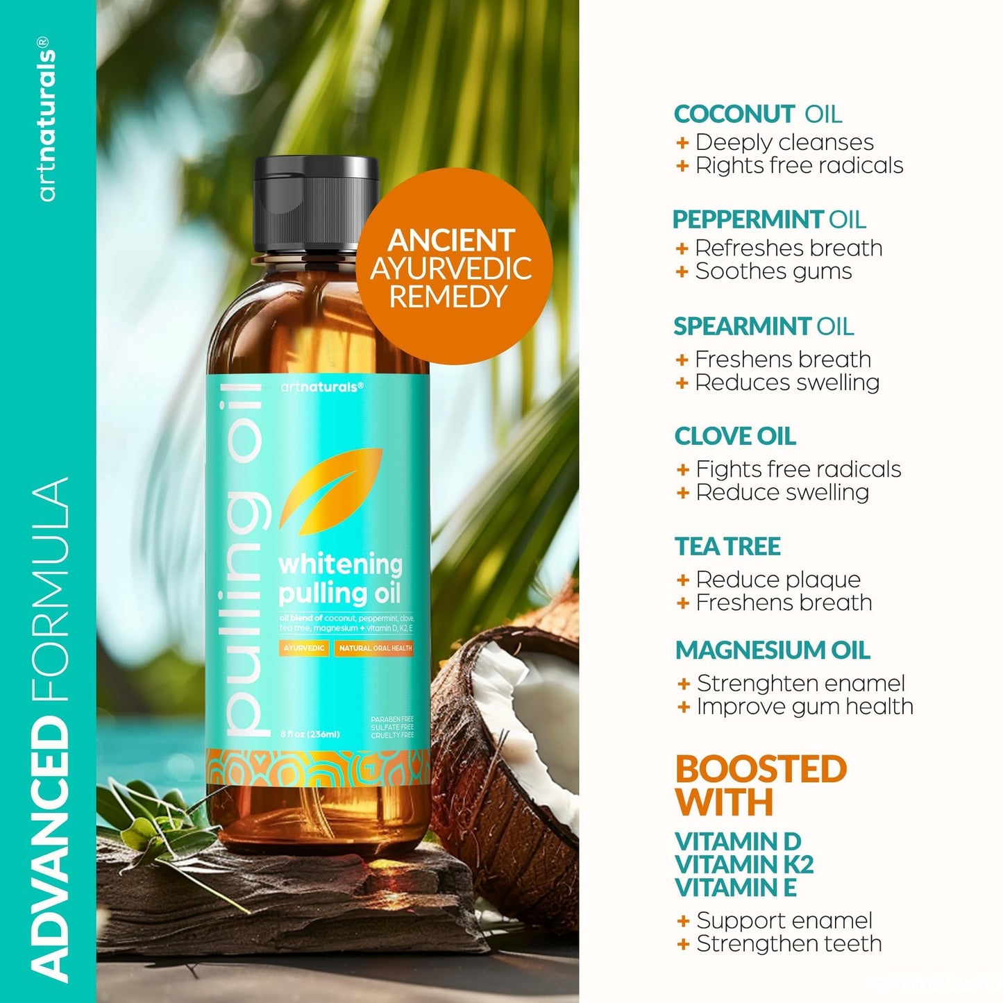 artnaturals Coconut Oil Pulling Set (8oz) – Bamboo Toothbrush & Tongue Scraper, Alcohol-Free Mouthwash