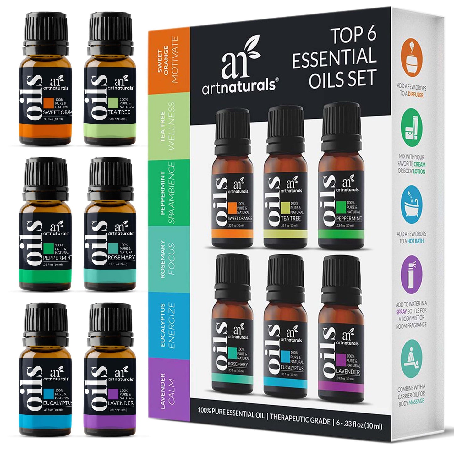 ArtNaturals Aromatherapy Top-6 Essential Oil Set (6x10ml) – Therapeutic Grade