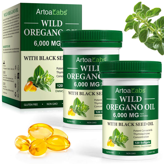 Artoalabs Oil of Oregano Softgels - 2 Pack (6000mg) with Black Seed Oil | Immune Support | Dairy-Free | Non-GMO | 240 Count BritishVita | Premium UK Vitamins & Wellness Supplements