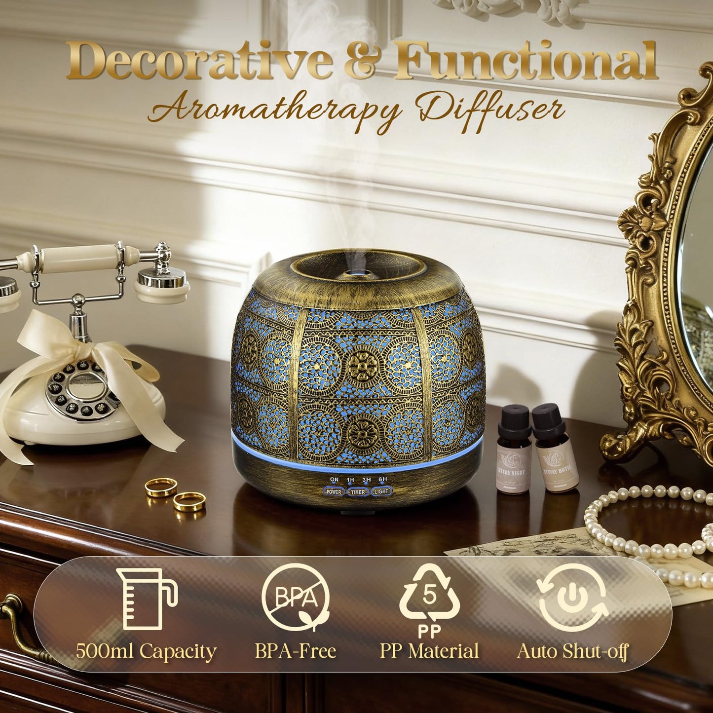 ARVIDSSON 500ml Ultrasonic Essential Oil Diffuser for Large Rooms | Metal Design