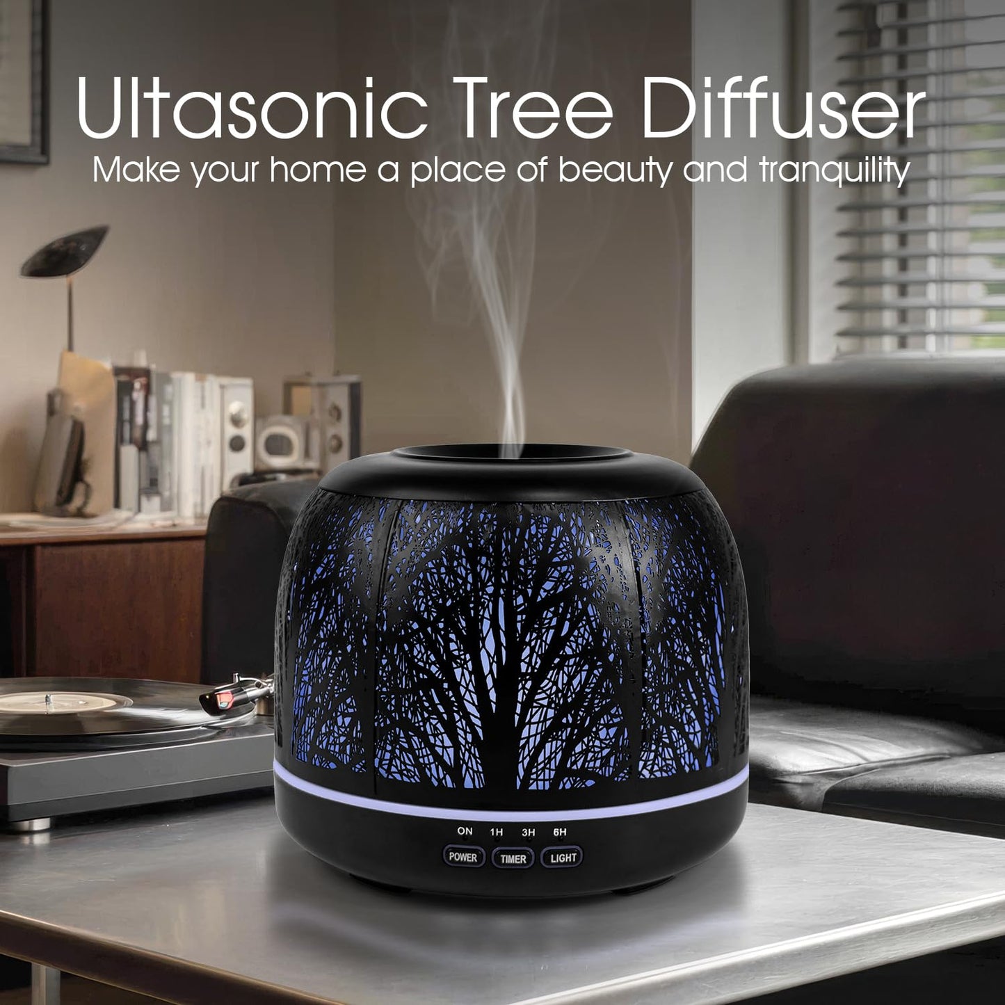 ARVIDSSON 500ml Essential Oil Diffuser – Metal Diffuser for Large Rooms, 7-Color Mood Light, Auto Shut-Off, Timer, Gift for Women – Black Tree