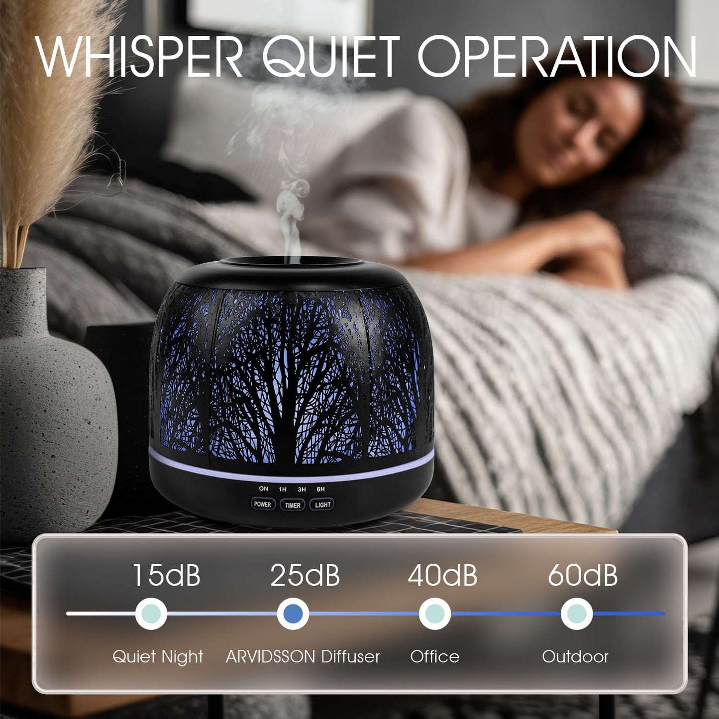 ARVIDSSON 500ml Essential Oil Diffuser – Metal Diffuser for Large Rooms, 7-Color Mood Light, Auto Shut-Off, Timer, Gift for Women – Black Tree