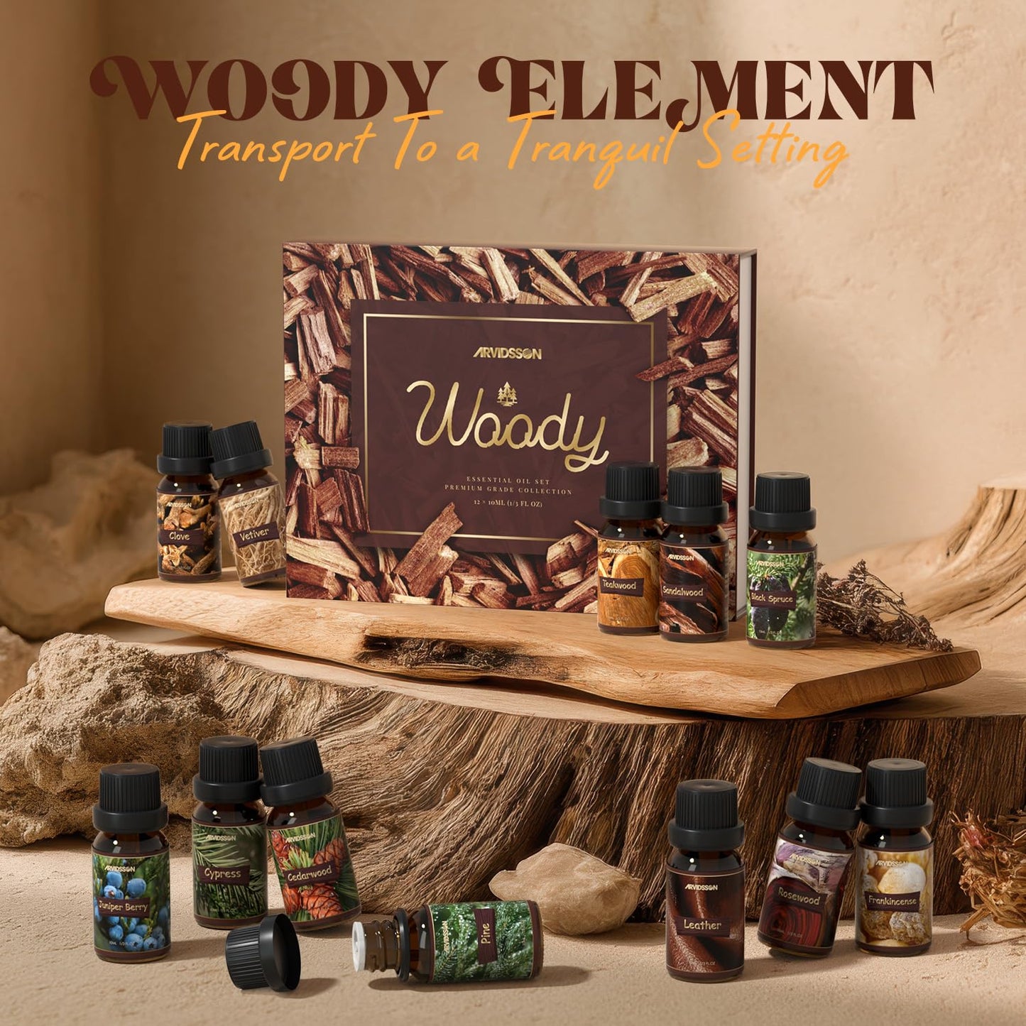 ARVIDSSON Woody Essential Oils Set – 12x10ml Woodsy Oils Gift Set for Diffusers