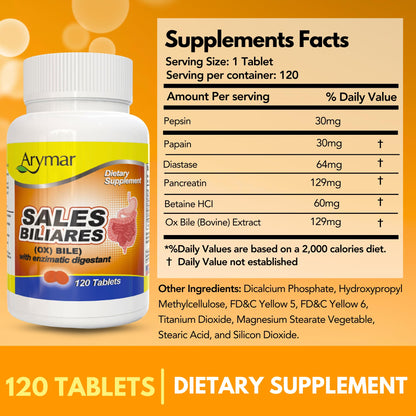 Arymar Sales Biliares Ox Bile with Digestive Enyzmes 120 Tablets