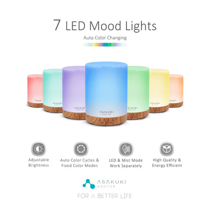 ASAKUKI 300ml Essential Oil Diffuser - 5-in-1 Quiet Humidifier with 7 LED Colors | Light Brown