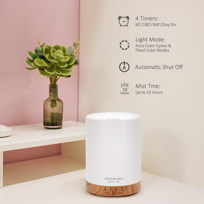 ASAKUKI 300ml Essential Oil Diffuser - 5-in-1 Quiet Humidifier with 7 LED Colors | Light Brown