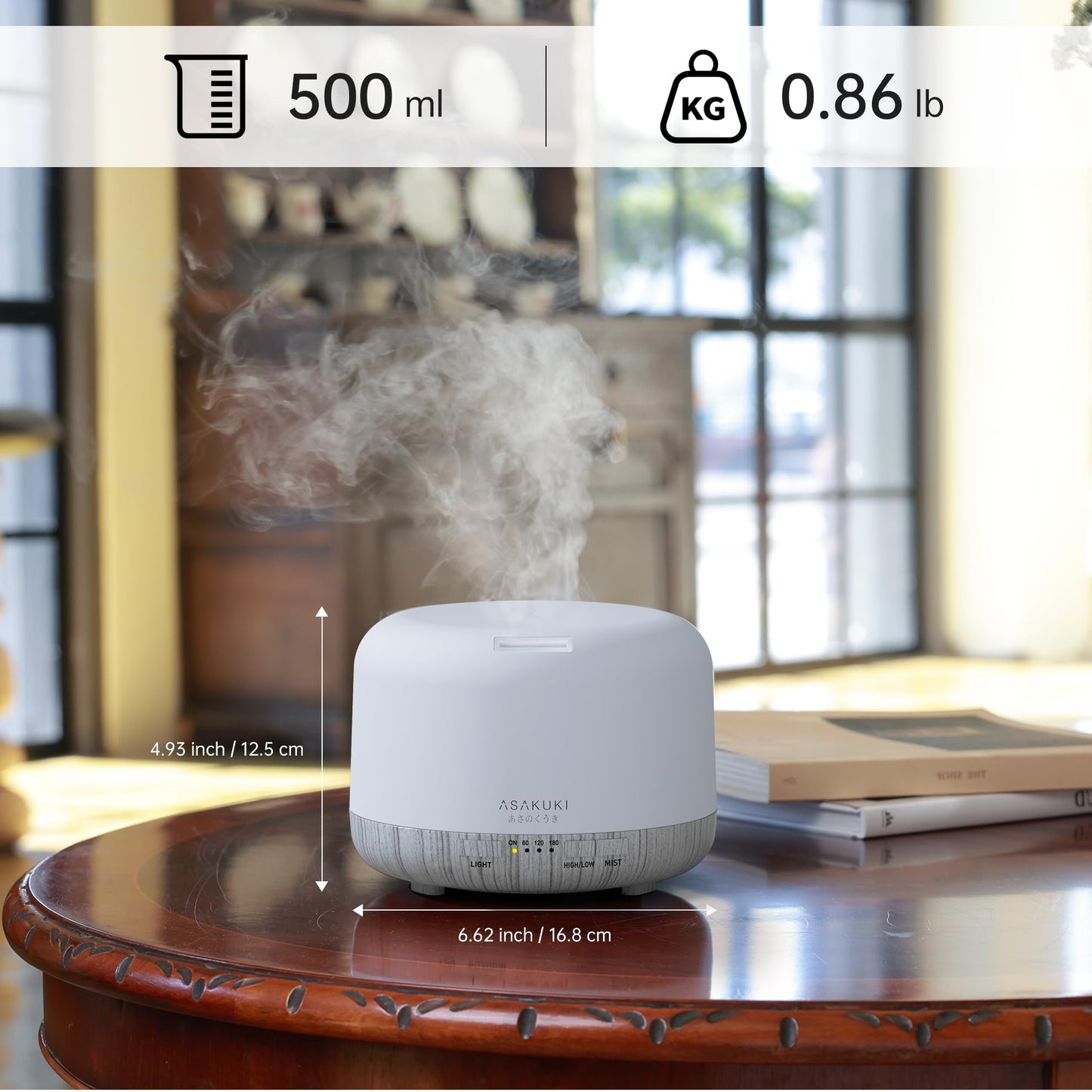 ASAKUKI 500ml Premium Essential Oil Diffuser with Remote Control | 5-in-1 Ultrasonic Humidifier (White)