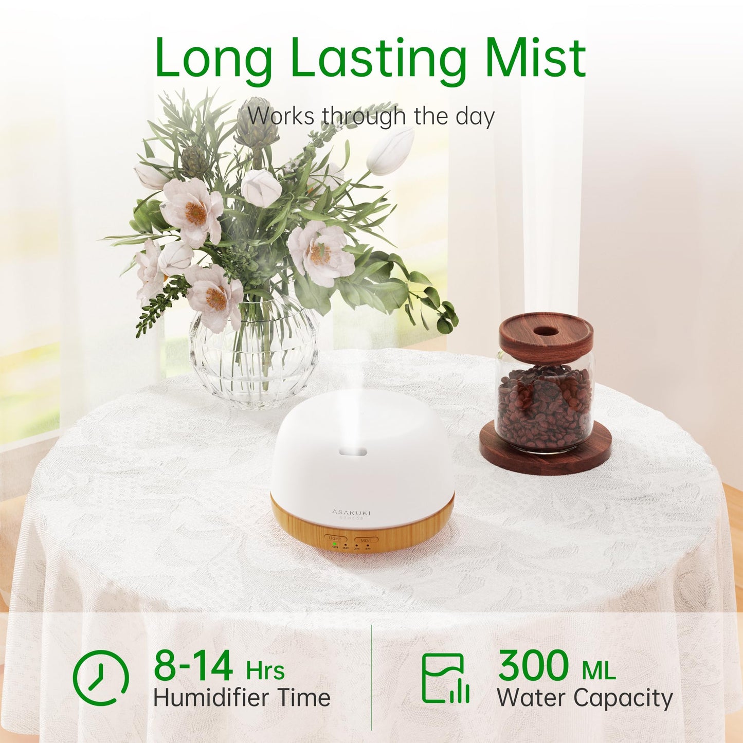 ASAKUKI 300ml Essential Oil Diffuser – Ultrasonic Humidifier with 7 Color Lights and 2 Mist Modes