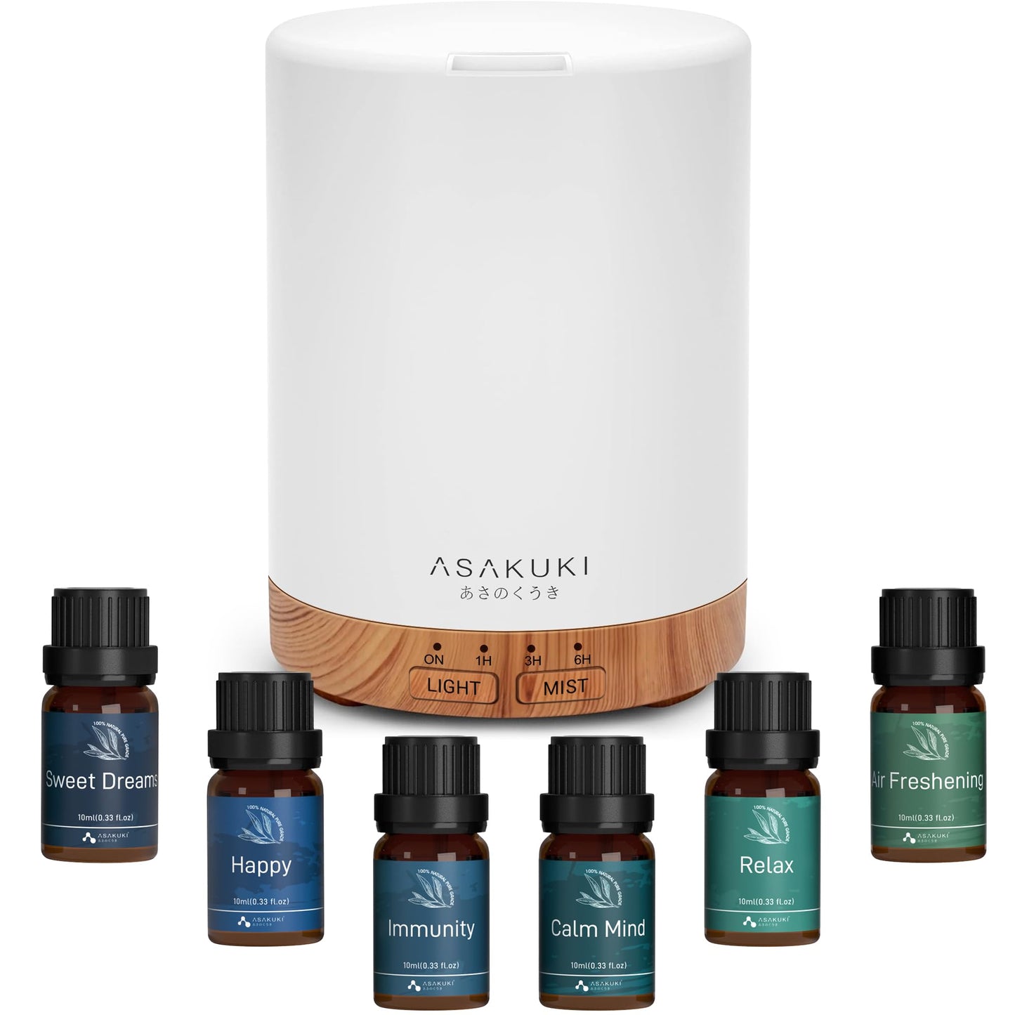 ASAKUKI Essential Oil Diffuser – 300ml Brown, 6 Oils, Auto-Off, 7 LED Colors