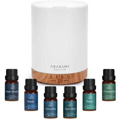 ASAKUKI Essential Oil Diffuser – 300ml Brown, 6 Oils, Auto-Off, 7 LED Colors