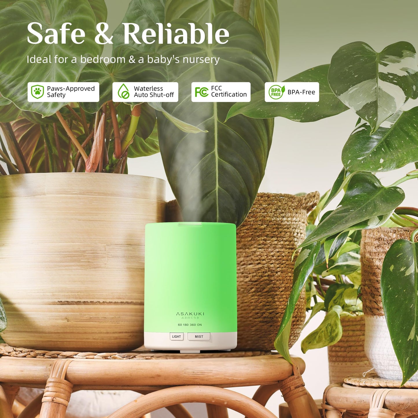 ASAKUKI Essential Oil Diffuser – 5-in-1 Quiet Humidifier (Pure White)