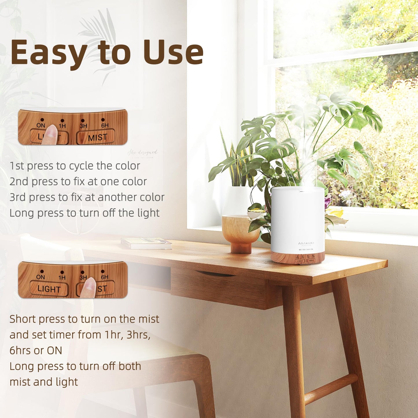 ASAKUKI Essential Oil Diffuser – 300ml Brown, 6 Oils, Auto-Off, 7 LED Colors