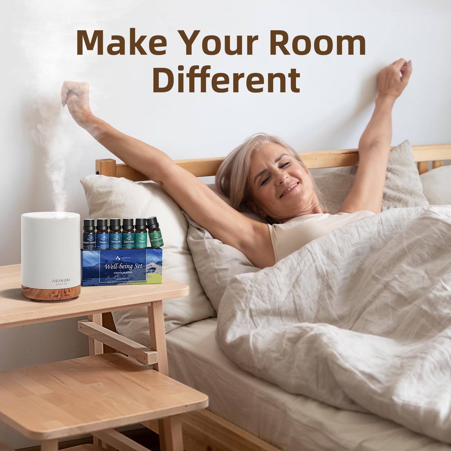 ASAKUKI Essential Oil Diffuser – 300ml Brown, 6 Oils, Auto-Off, 7 LED Colors