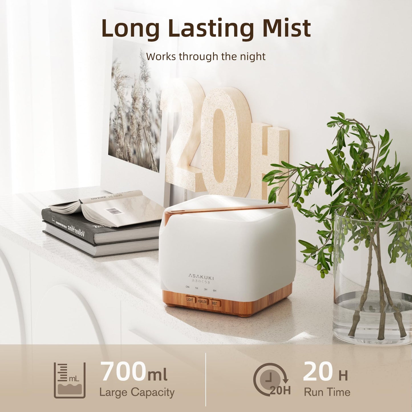 ASAKUKI 700 ml Premium Essential Oil Diffuser 5-in-1 Ultrasonic Humidifier
