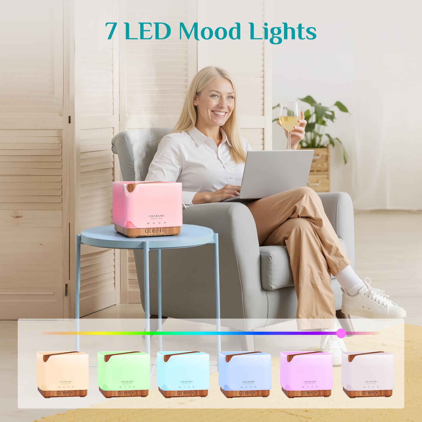 ASAKUKI Essential Oil Diffuser 700ml – Ultrasonic Humidifier with Top 6 Oils, 7 LED Colors, Timer & Auto-Off | Large Room Diffuser