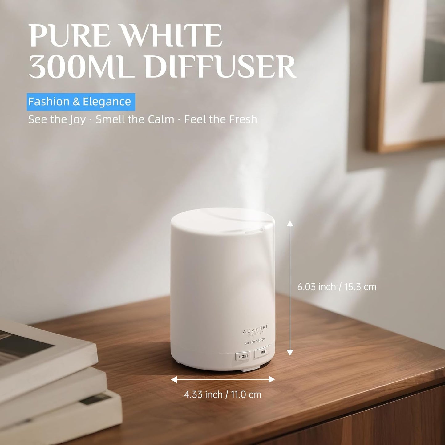 ASAKUKI Essential Oil Diffuser – 5-in-1 Quiet Humidifier (Pure White)