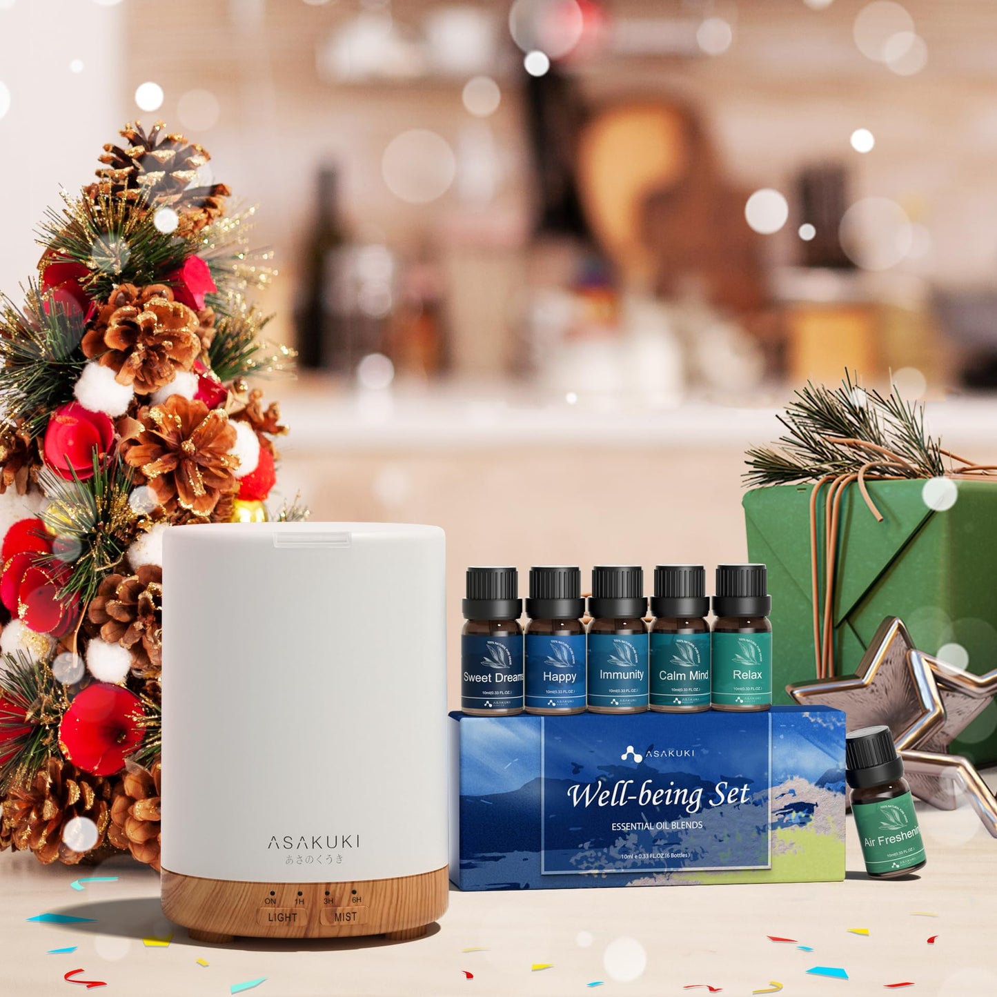 ASAKUKI Essential Oil Diffuser – 300ml Brown, 6 Oils, Auto-Off, 7 LED Colors