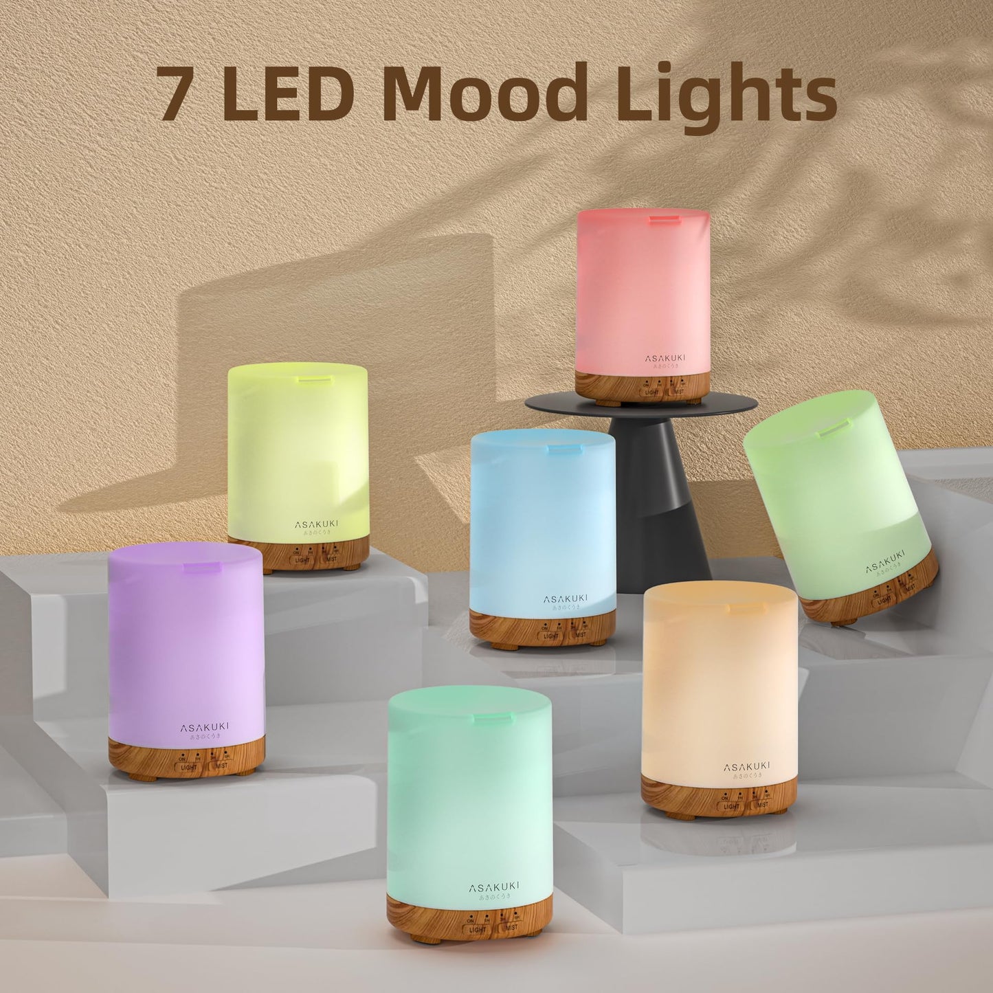 ASAKUKI Essential Oil Diffuser – 300ml Brown, 6 Oils, Auto-Off, 7 LED Colors