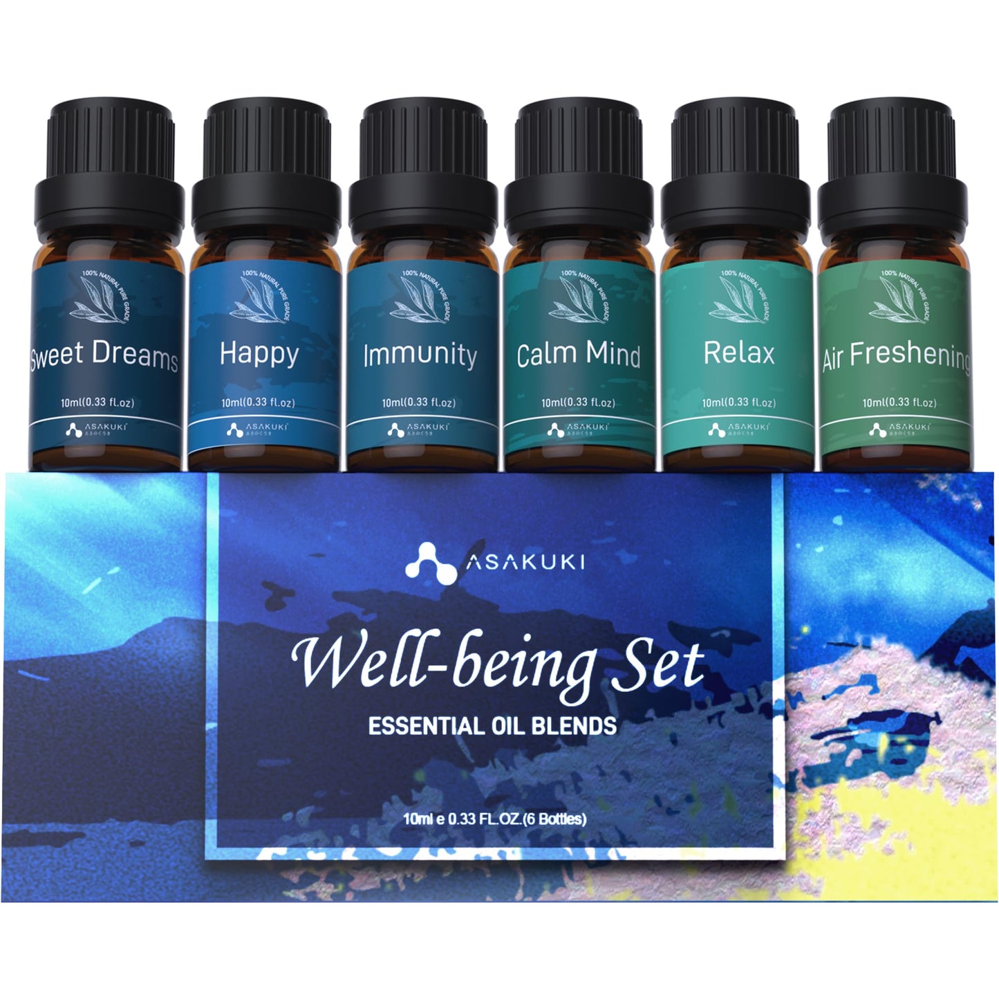 ASAKUKI Essential Oil Blends – Diffuser Oils for Home Well-Being Kit (Calm Mind, Sweet Dreams, Happy, Relax, Immunity) 6x10ml