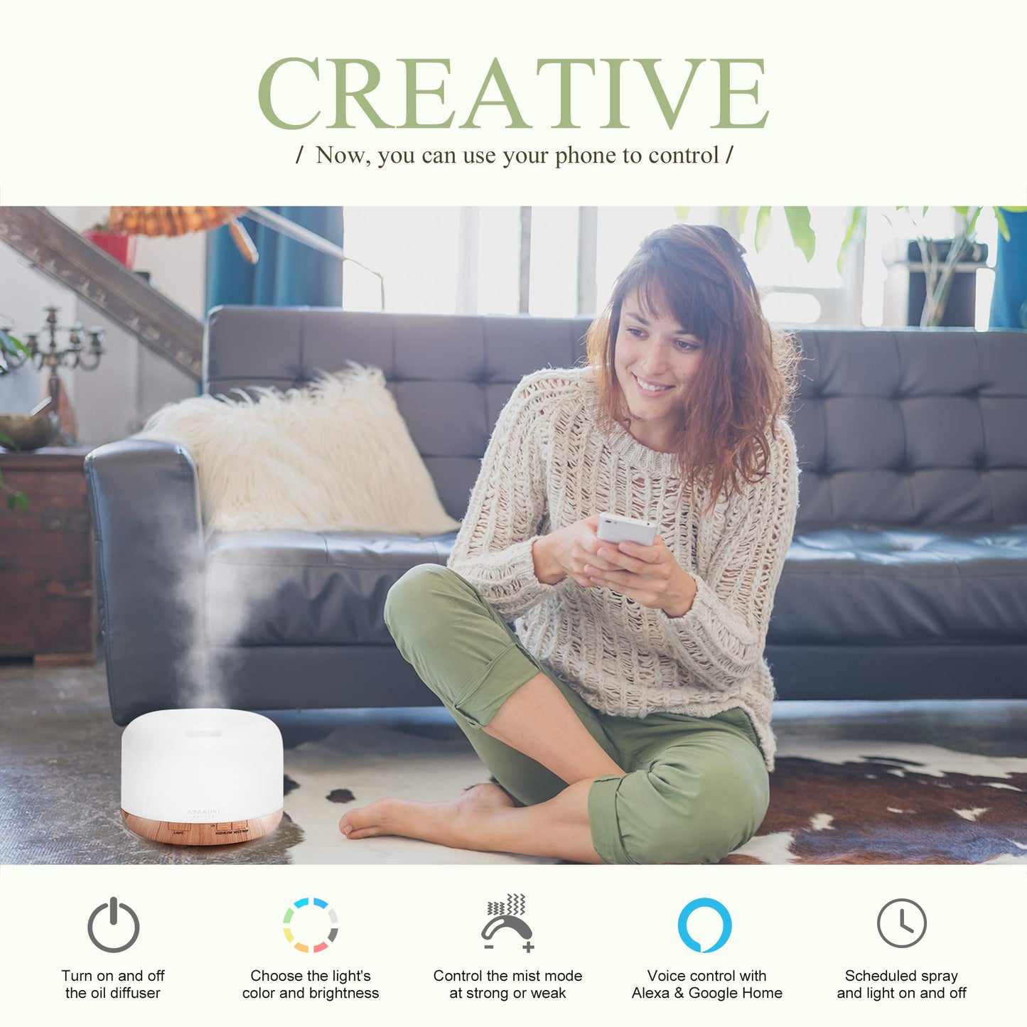 ASAKUKI Smart Wi-Fi Essential Oil Diffuser – 500ml, Alexa & App Control, Gold
