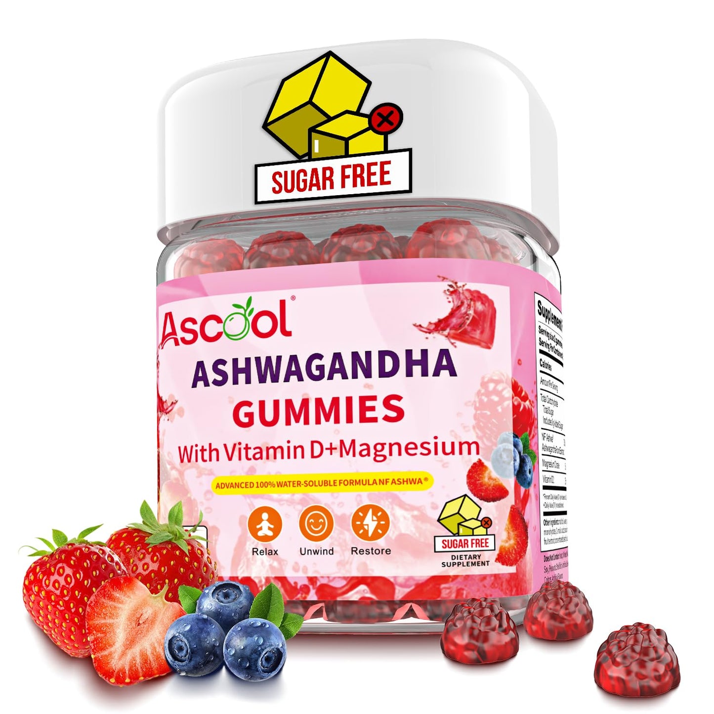 Ascool Ashwagandha Gummies – Sugar Free, Vitamin D & Magnesium, 90ct Vegan