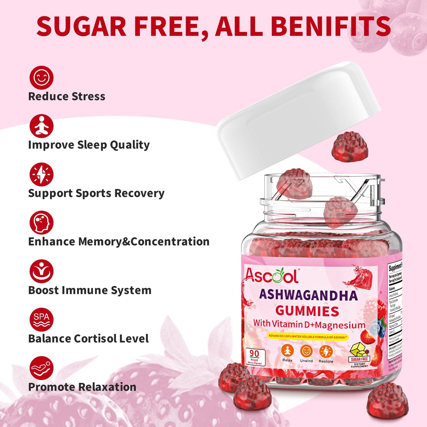 Ascool Ashwagandha Gummies – Sugar Free, Vitamin D & Magnesium, 90ct Vegan
