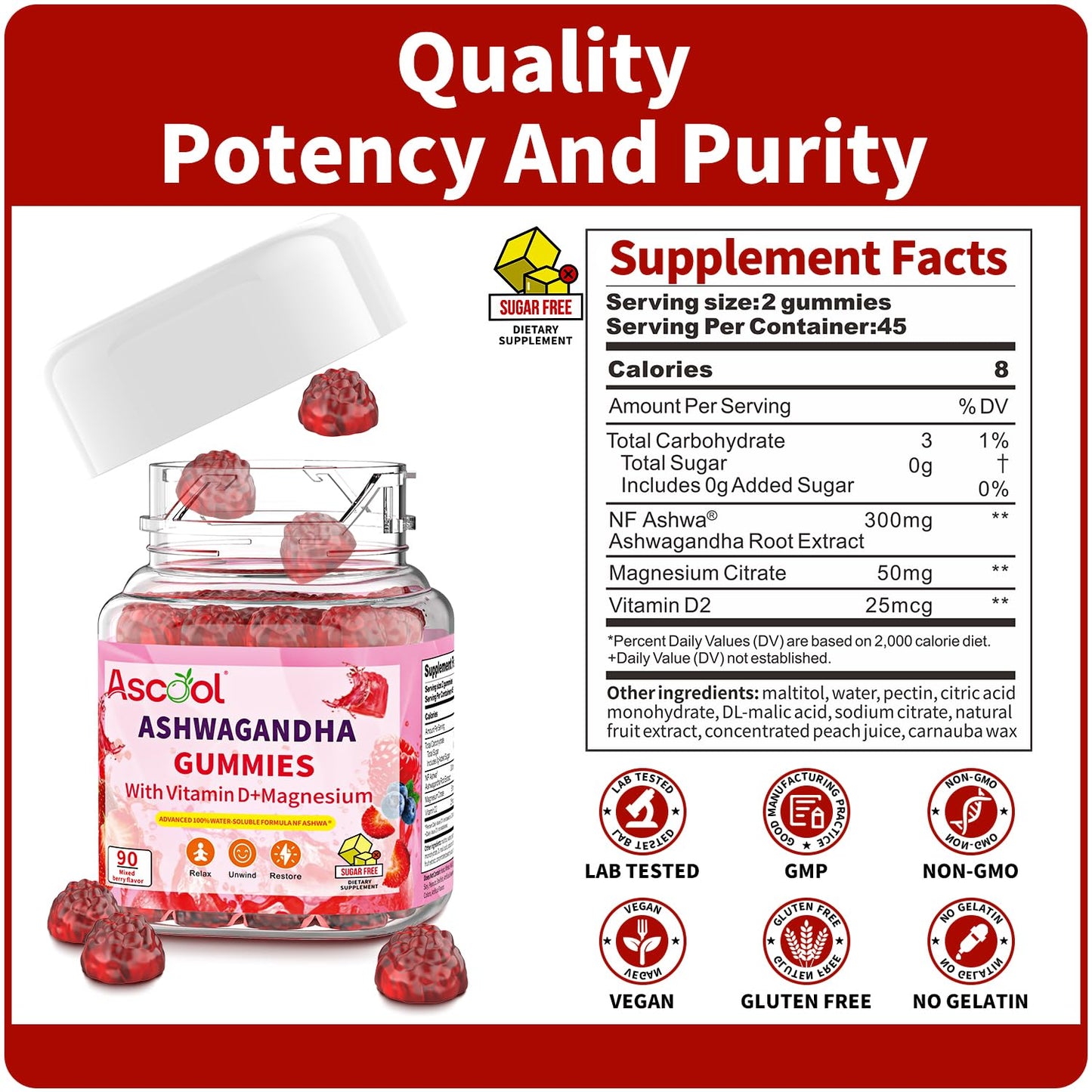 Ascool Sugar-Free Vegan Ashwagandha Gummies – Water-Soluble Root Extract + Vitamin D & Magnesium