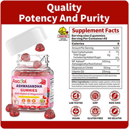 Ascool Sugar-Free Vegan Ashwagandha Gummies – Water-Soluble Root Extract + Vitamin D & Magnesium