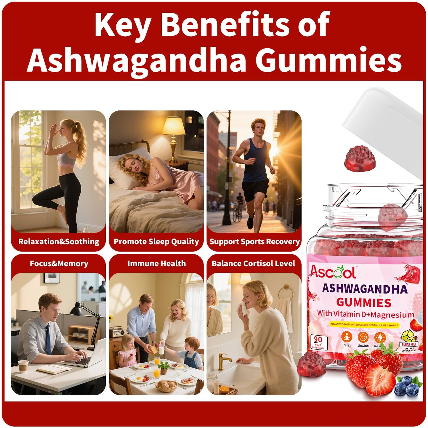 Ascool Sugar-Free Vegan Ashwagandha Gummies – Water-Soluble Root Extract + Vitamin D & Magnesium