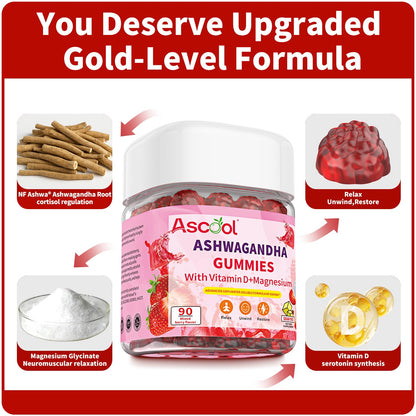 Ascool Sugar-Free Vegan Ashwagandha Gummies – Water-Soluble Root Extract + Vitamin D & Magnesium
