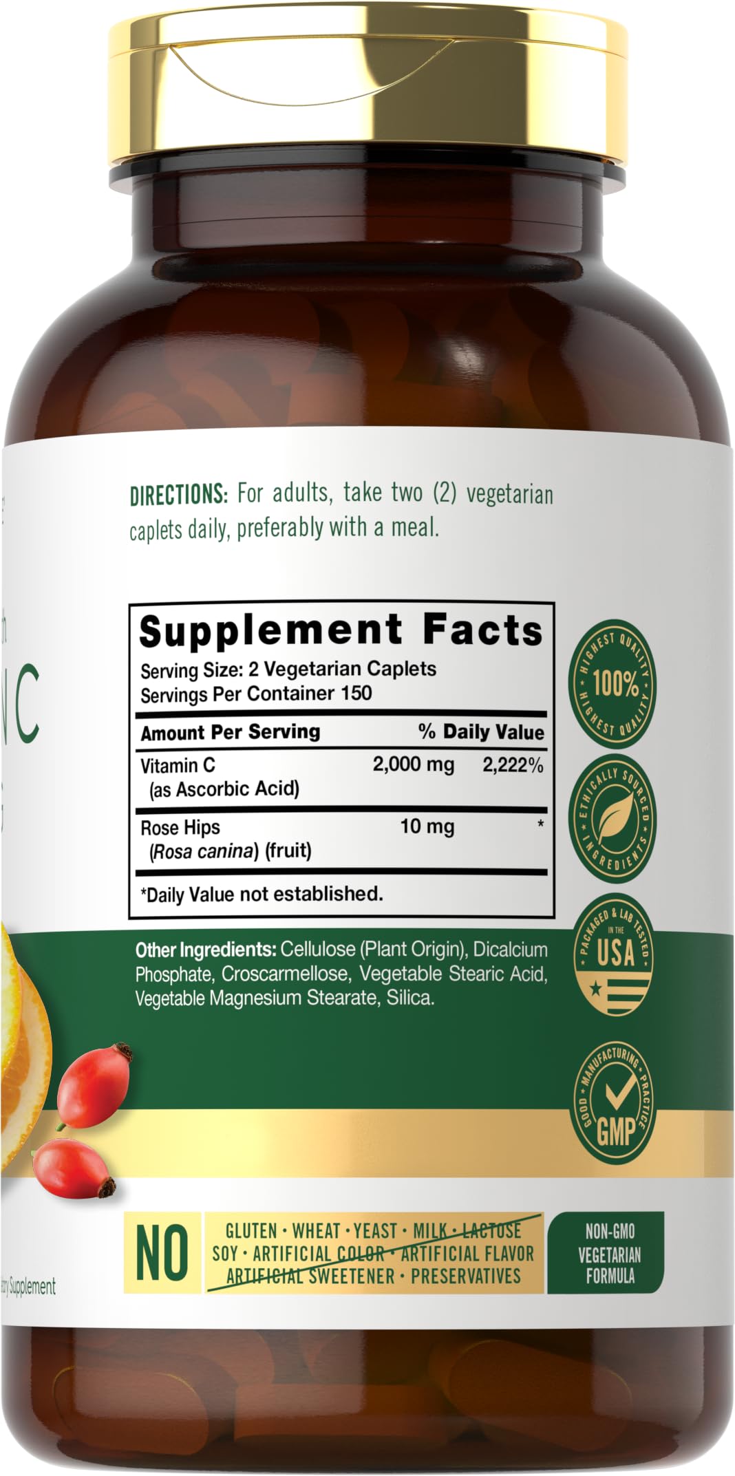 Carlyle Vitamin C 1000mg | 300 Vegetarian Caplets | Ascorbic Acid with Wild Rose HIPS | High Strength Formula | Non-GMO and Gluten Free Supplement