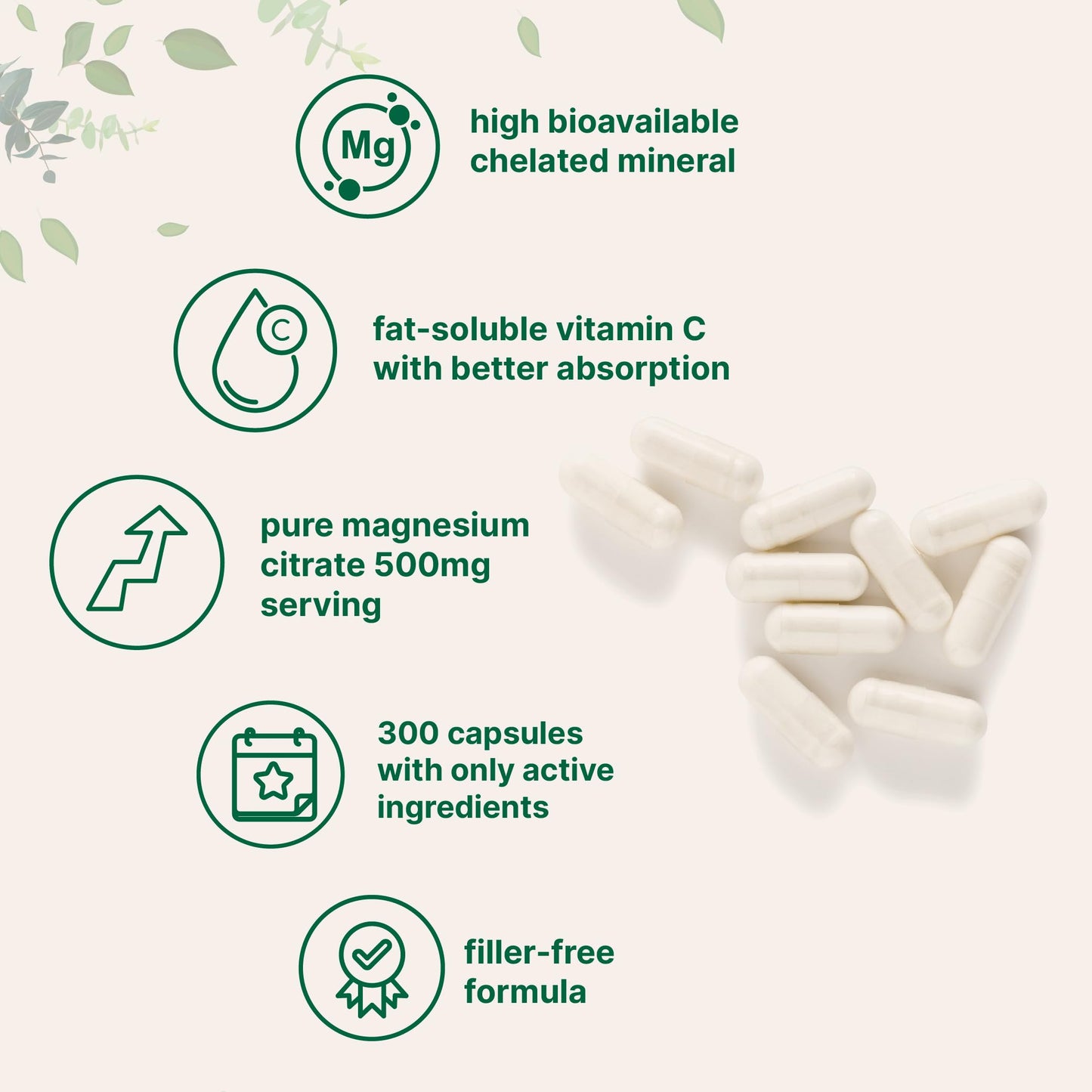Pure Magnesium Citrate 500mg | 300 Capsules | Chelated, Fat-Soluble Vitamin C | Supports Digestion, Muscle & Heart Health