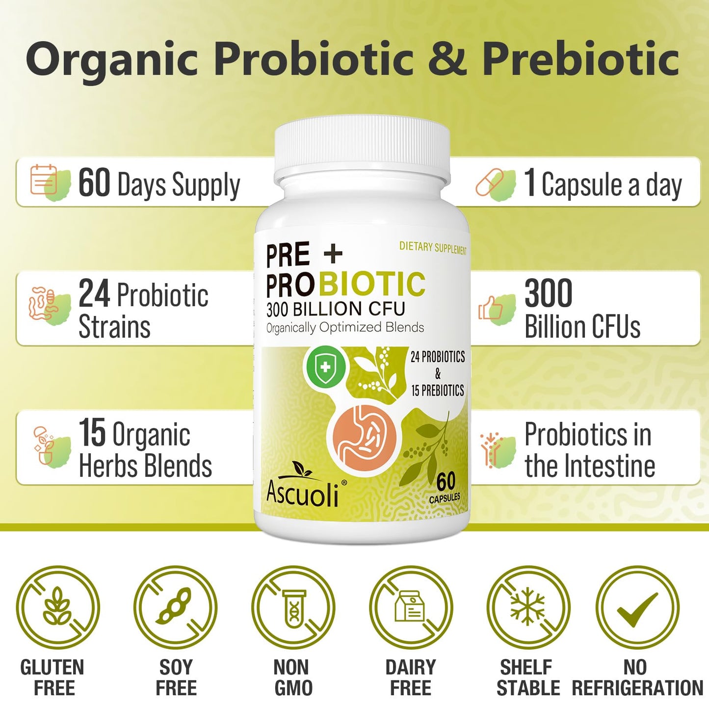 Ascuoli Probiotics for Women & Men - 300B CFU, 24 Strains, 60 Capsules