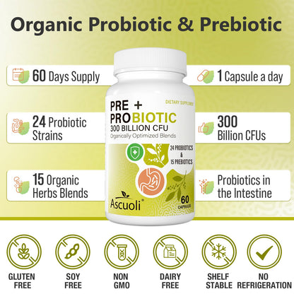 Ascuoli Probiotics for Women & Men - 300B CFU, 24 Strains, 60 Capsules