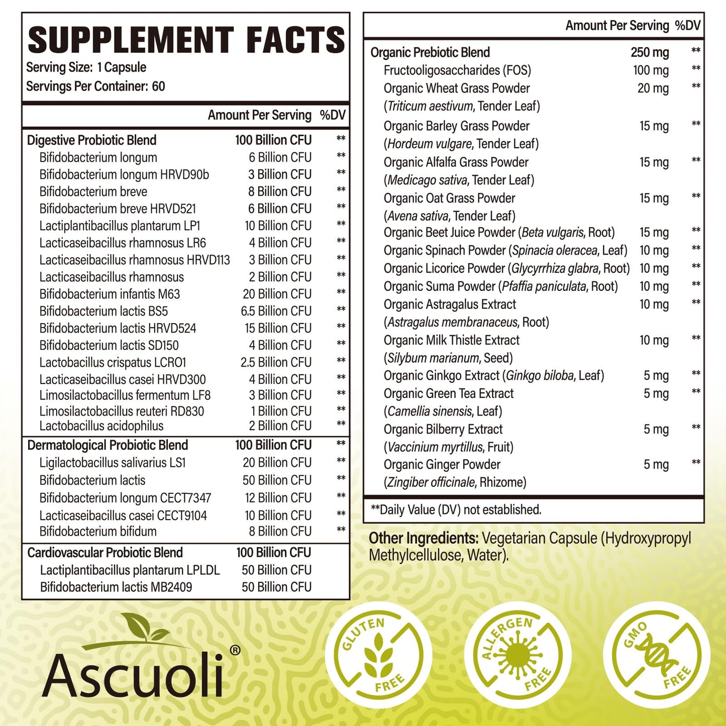 Ascuoli Probiotics for Women & Men - 300B CFU, 24 Strains, 60 Capsules