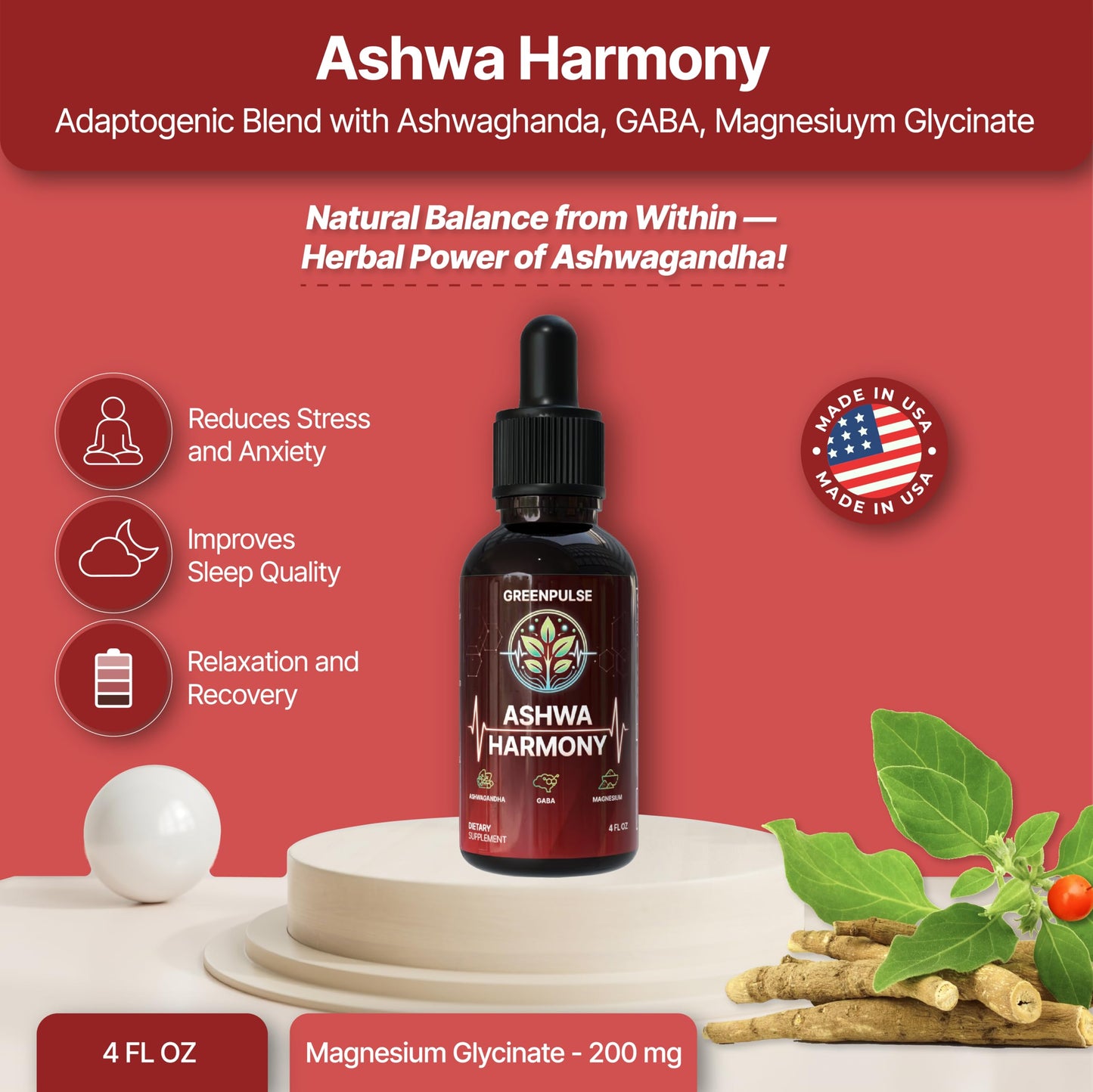 GREENPULSE Ashwa Harmony – Adaptogenic Ashwagandha, GABA & Magnesium Glycinate | 4 fl oz