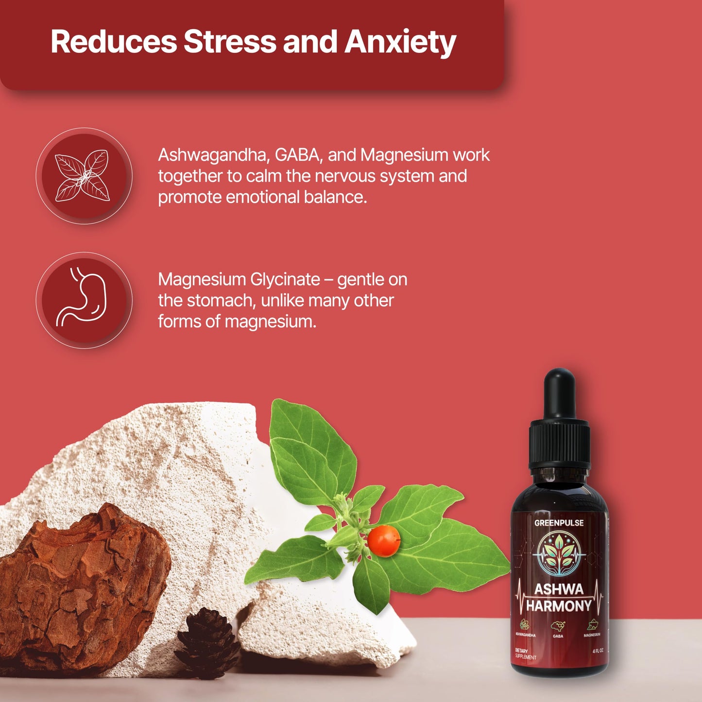 GREENPULSE Ashwa Harmony – Adaptogenic Ashwagandha, GABA & Magnesium Glycinate | 4 fl oz