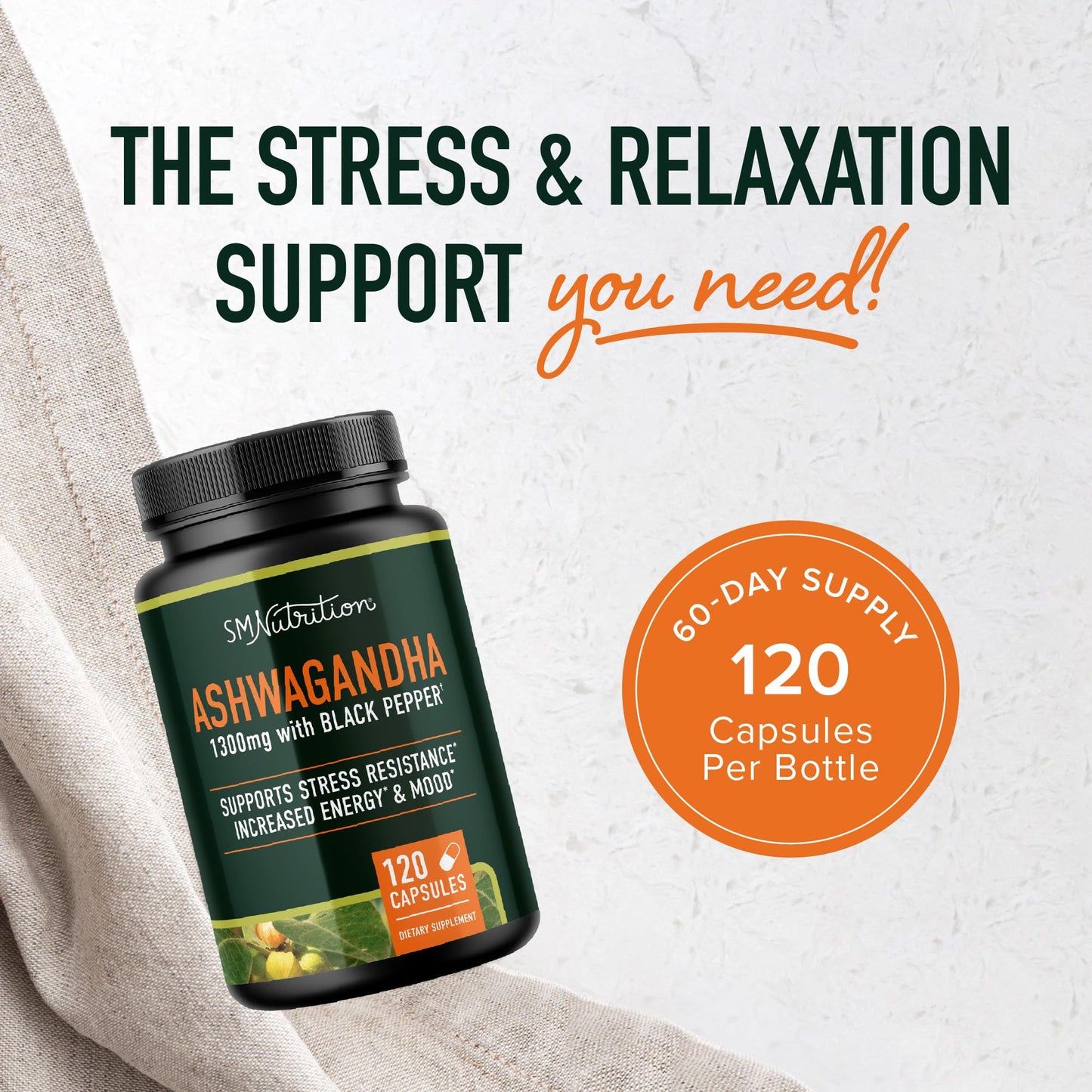 Ashwagandha 1300mg | Stress Resistance & Energy Boost | 120ct Non-GMO
