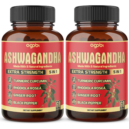 2 Packs – 60 Capsules Each: Ashwagandha 5-in-1 Formula with Turmeric, Rhodiola, Ginger & Black Pepper | 4 Month Supply