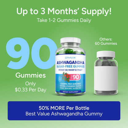 Sugar-Free Ashwagandha Gummies for Stress, Sleep & Mood Support | 30:1 Extract • Vegan Adaptogen • 90 Gummies