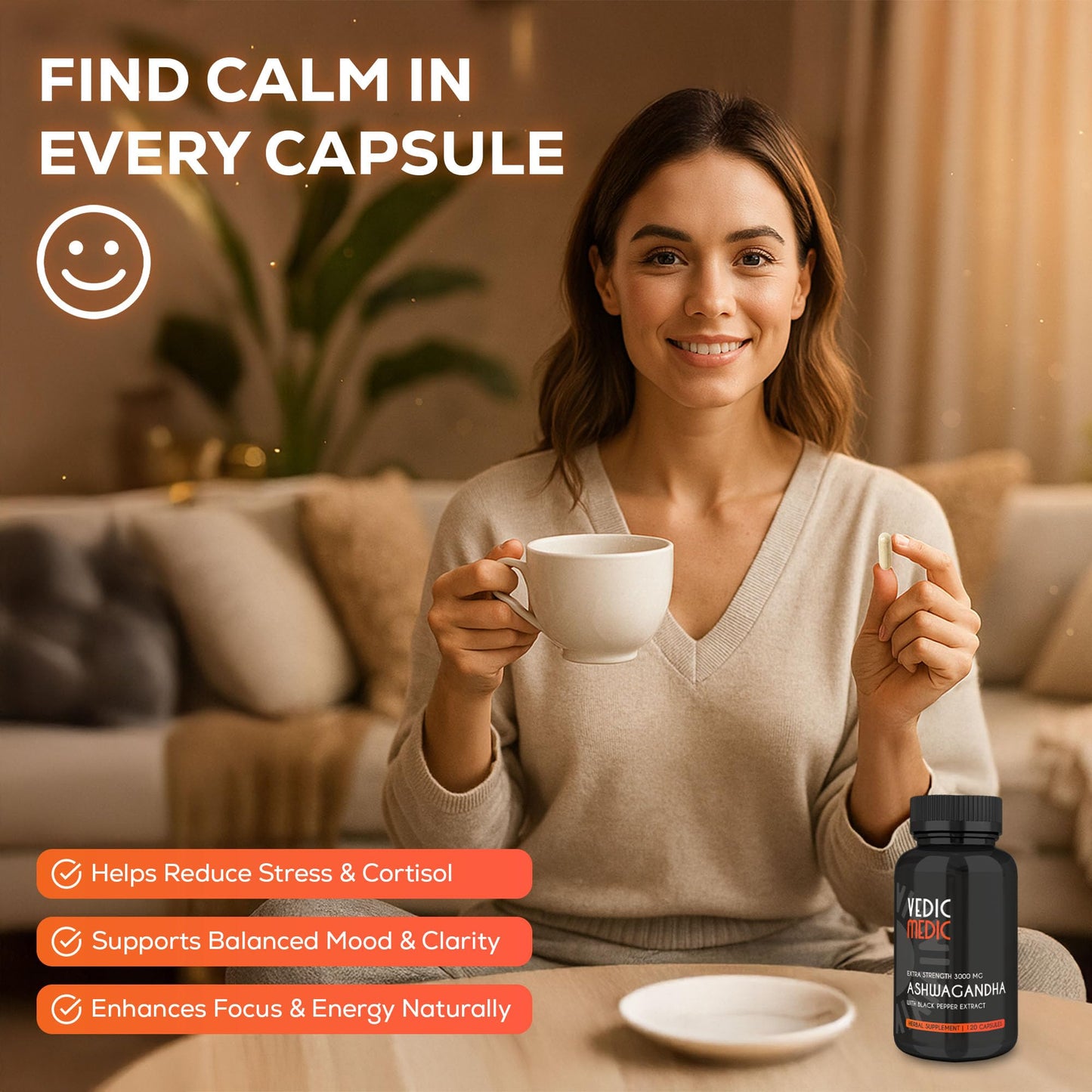 Vedic Medic Organic Ashwagandha Capsules Extra Strength 3000mg – Stress Relief, Mood & Energy Support (Vegan, Non-GMO)