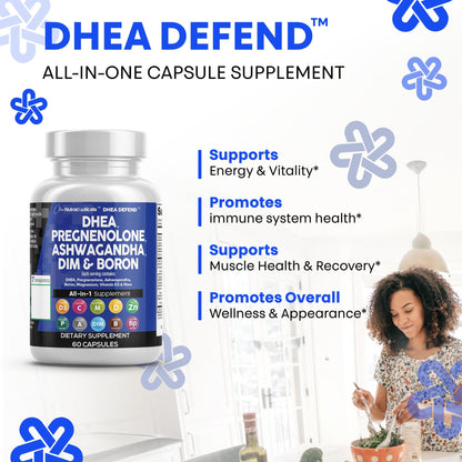 DHEA 200mg & Pregnenolone 100mg Supplement for Men & Women – DIM, Ashwagandha, Boron 6mg, Calcium Magnesium Zinc, Vitamin D3 5000 IU | Made in USA 60 Ct